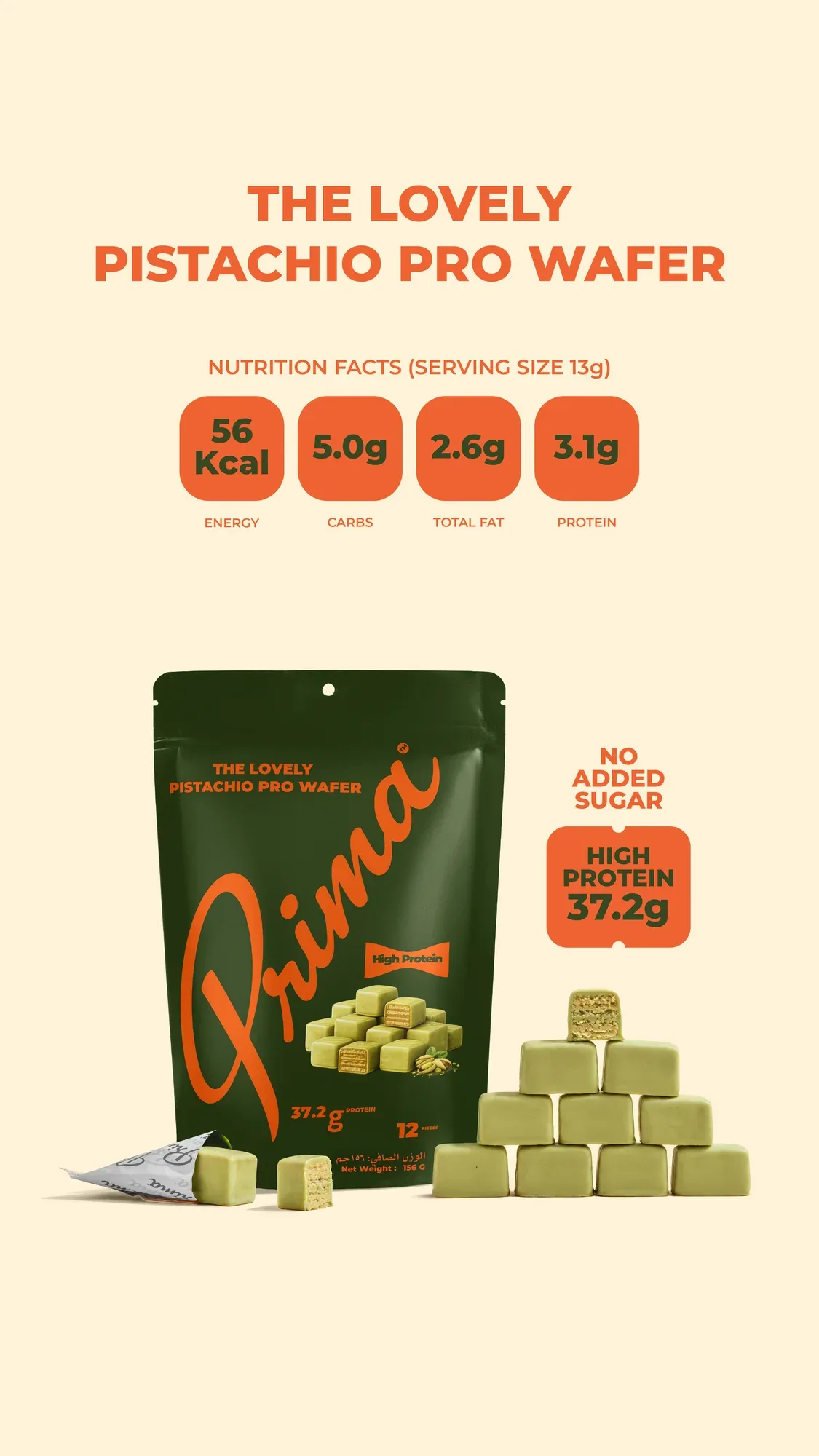 Prima Lovely Pistachio pro wafer screen artwork with the pouch and nutrition facts