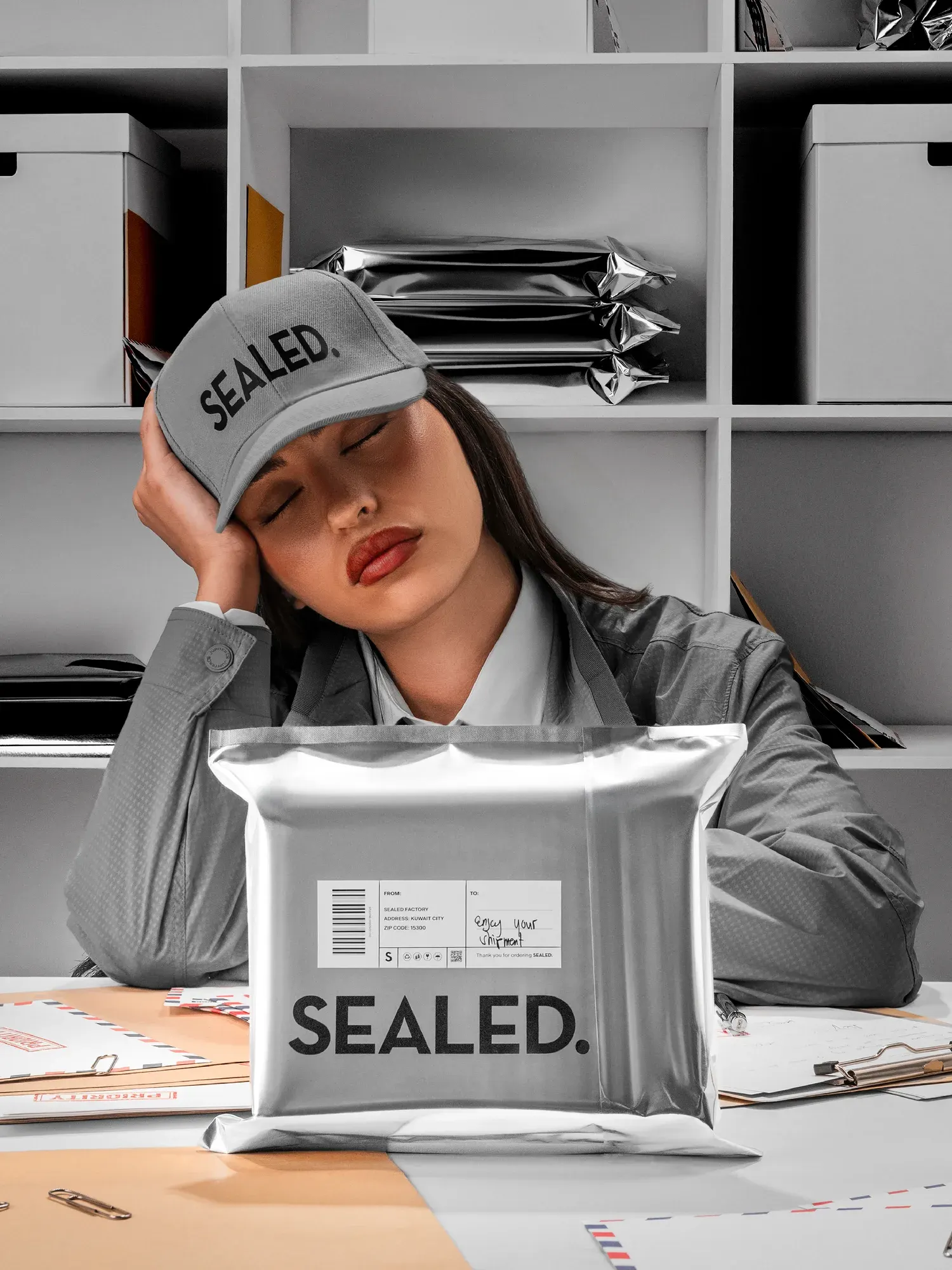 SEALED campaign, a silver mailer bag at a desk