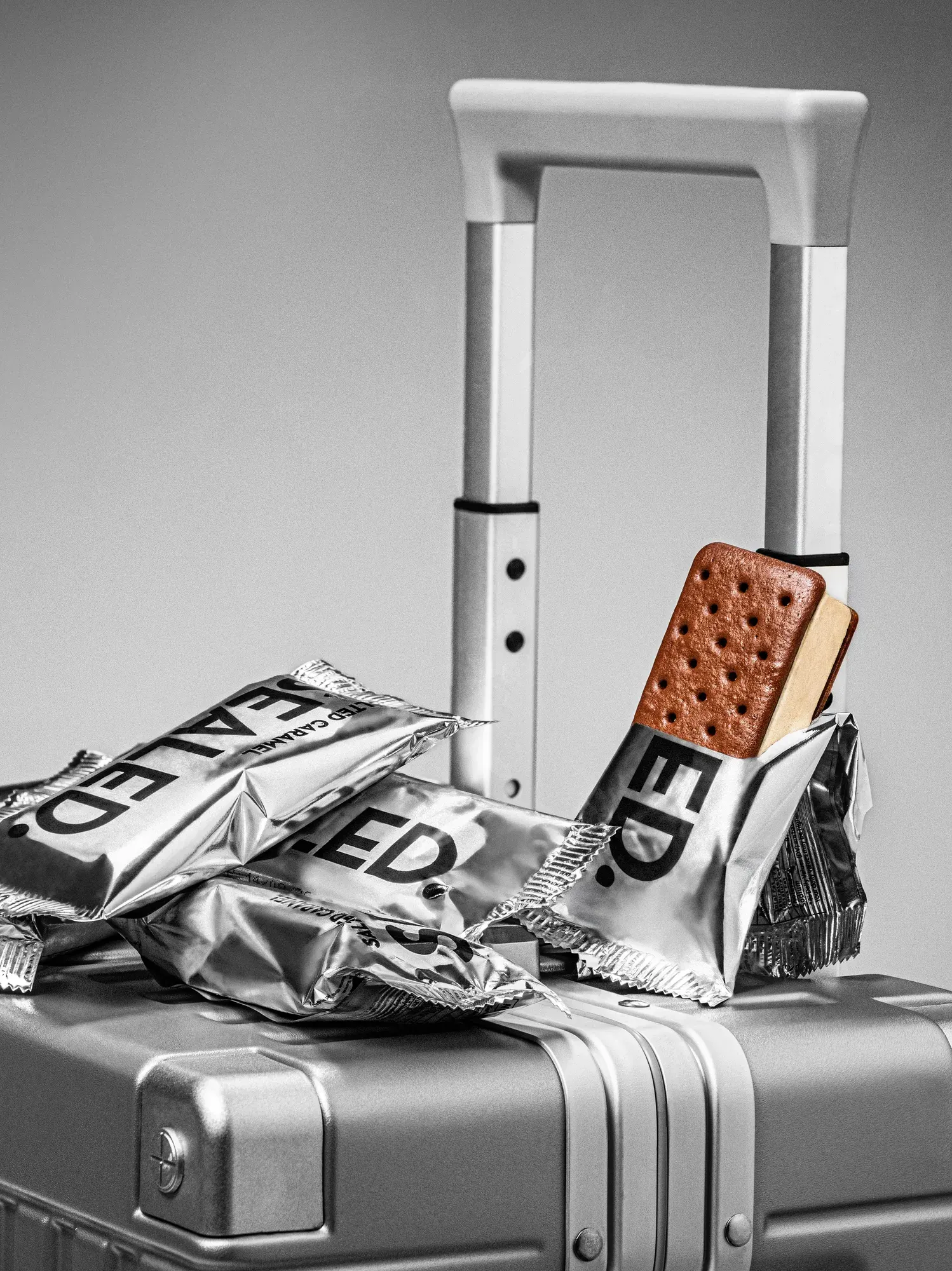 SEALEDwich ice cream sandwich on a silver suitcase